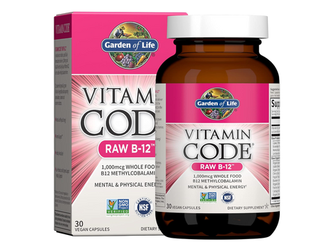 Garden of Life Vitamin Code Raw B-12 1000mcg Methylcobalamin 30 Veg Caps front bottle packaging showing product name and branding