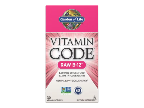 Garden of Life Vitamin Code Raw B-12 1000mcg Methylcobalamin 30 Veg Caps front bottle packaging showing product name and branding