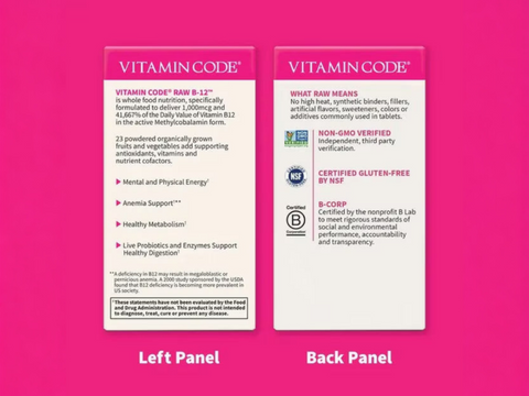 Garden of Life Vitamin Code Raw B-12 1000mcg Methylcobalamin 30 Veg Caps side bottle packaging with key benefits detail