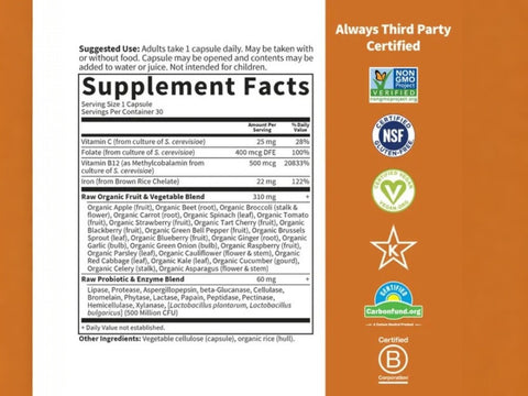 Garden of Life Vitamin Code Raw Iron and Vitamin C 30 Capsules supplement facts nutrition information panel