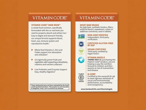 Garden of Life Vitamin Code Raw Iron and Vitamin C 30 Capsules ingredients information label