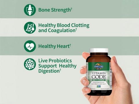 Garden of Life Vitamin Code Raw K Complex Vitamin K2 & K1 60 Veg Caps with key benefits detail