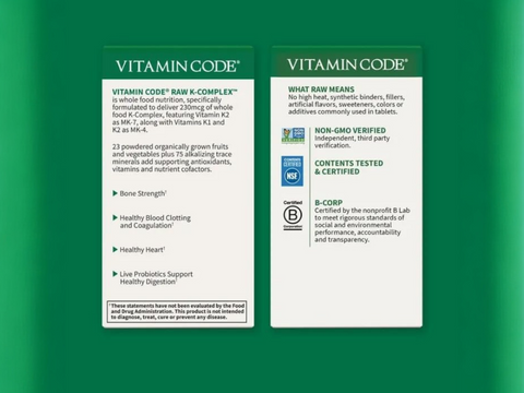 Garden of Life Vitamin Code Raw K Complex Vitamin K2 & K1 60 Veg Caps side bottle packaging with key benefits detail