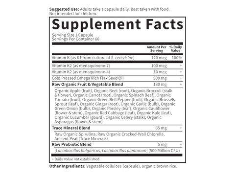 Garden of Life Vitamin Code Raw K Complex Vitamin K2 & K1 60 Veg Caps supplement facts panel