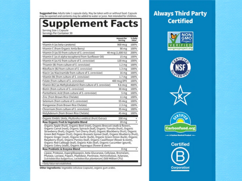Garden of Life Vitamin Code Raw One for Men Multivitamin Veg Caps supplement facts nutrition information panel