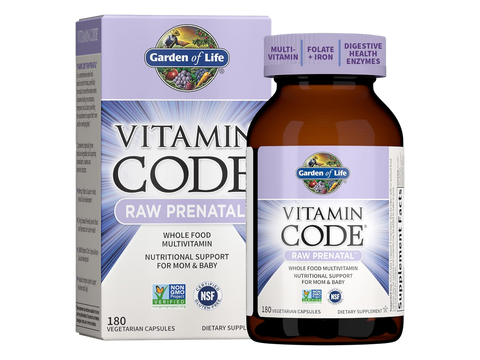 Garden of Life Vitamin Code Raw Prenatal Multivitamin with Iron and Folate Vegan Caps bottle front label packaging- 180 capsules