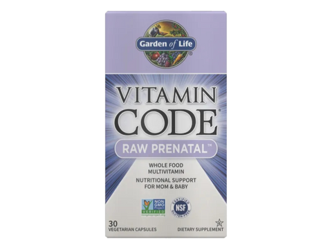 Garden of Life Vitamin Code Raw Prenatal Multivitamin with Iron and Folate Vegan Caps bottle front label packaging- 30 capsules