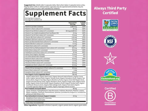 Garden of Life Vitamin Code Women's 50 Plus Multi with Probiotics and CoQ10 supplement facts nutrition information panel