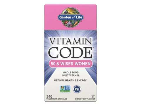 Garden of Life Vitamin Code Women's 50 Plus Multi with Probiotics and CoQ10 bottle front label packaging- 240 capsules
