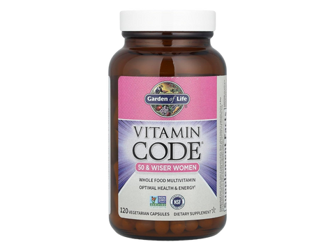 Garden of Life Vitamin Code Women's 50 Plus Multi with Probiotics and CoQ10 bottle front label packaging- 120 capsules