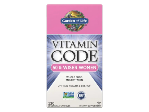 Garden of Life Vitamin Code Women's 50 Plus Multi with Probiotics and CoQ10 bottle front label packaging- 120 capsules