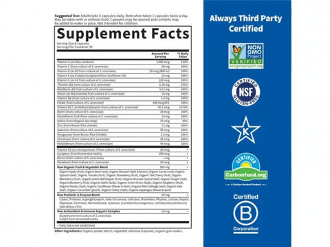 Garden of Life Vitamin Code for Men Whole Food Multivitamin Vegan Caps supplement facts nutrition information panel