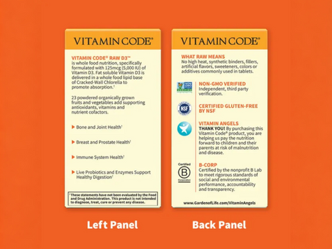 Garden of Life Vitamin D3 5000 IU Whole Food 60 Veg Capsules ingredients information label