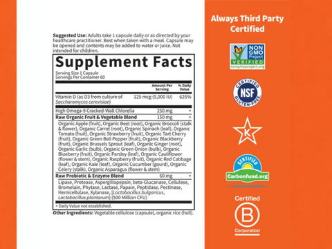 Garden of Life Vitamin D3 5000 IU Whole Food 60 Veg Capsules supplement facts nutrition information panel