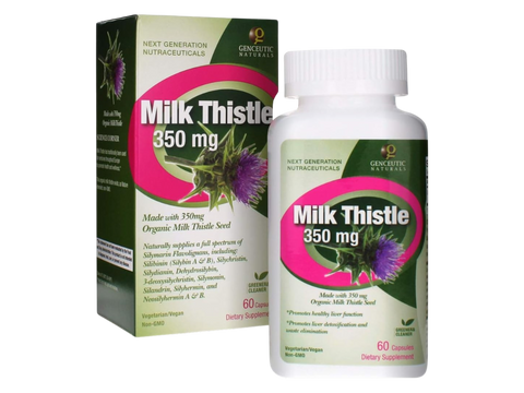 Genceutic Naturals Organic Milk Thistle 350mg capsules bottle & box front label 60 capsules