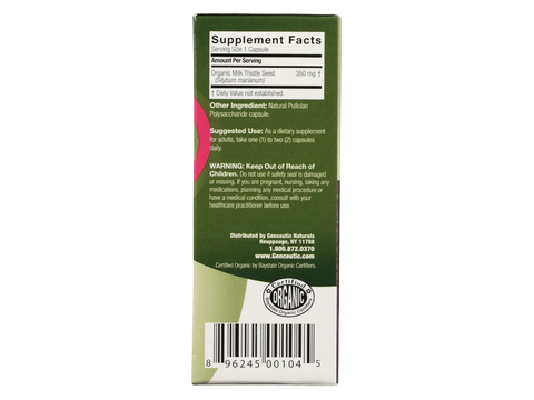 Genceutic Naturals Organic Milk Thistle 350mg capsules supplement facts & barcode panel 60 capsules