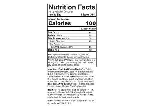 Genceutic Naturals Plant Head vegan protein strawberry powder nutrition panel 780g