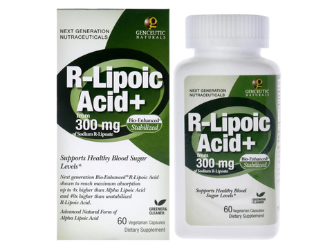 Genceutic Naturals R-Lipoic Acid 300mg capsules bottle & box front label 60 capsules
