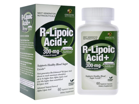 Genceutic Naturals R-Lipoic Acid 300mg capsules bottle & box front label 60 capsules