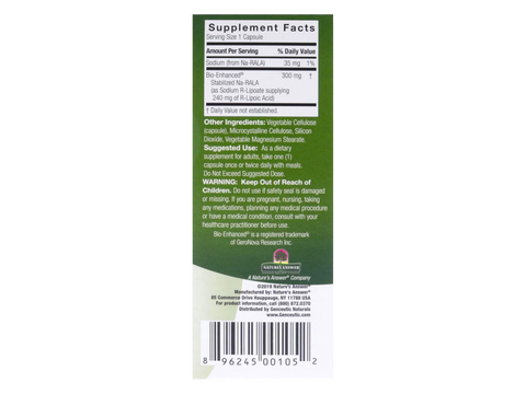 Genceutic Naturals R-Lipoic Acid 300mg capsules packaging barcode 60 capsules