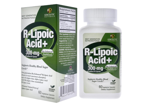 Genceutic Naturals R-Lipoic Acid 300mg capsules bottle & box front label 60 capsules