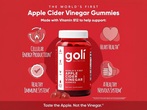 Goli Apple Cider Vinegar Gummies bottle on a red background with health benefits listed.