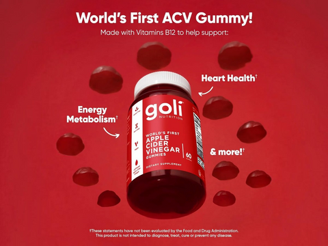 Goli ACV gummy bottle on a red background with text highlighting benefits