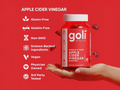 Goli Nutrition apple cider vinegar gummies on a red background with product features listed.