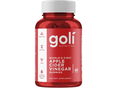 Red bottle of goli Nutrition apple cider vinegar gummies on a white background