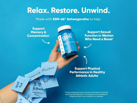 Hand holding a bottle of goli supplements with text on a blue background