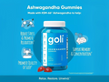 Goli Ashwagandha Gummies bottle with blue background and text highlighting benefits