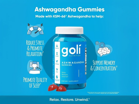 Goli Ashwagandha Gummies bottle with blue background and text highlighting benefits