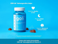 Goli Nutrition Ashwagandha supplement bottle with benefits listed on a blue background