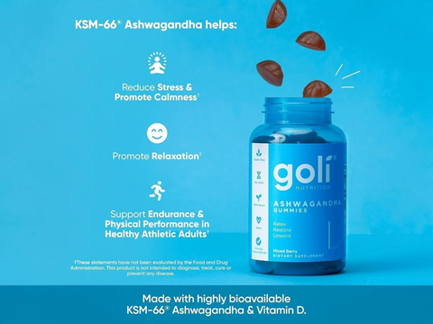 Goli Ashwagandha gummies bottle with benefits listed on a blue background