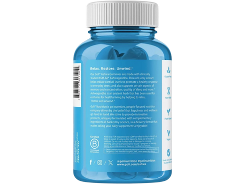 Blue supplement bottle with white label on a white background