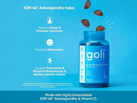 Goli Ashwagandha gummies bottle with benefits listed on a blue background