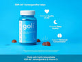 Goli Ashwagandha supplement bottle with benefits on a blue background