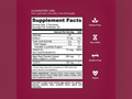 Supplement facts label on a red background with various icons indicating properties of the supplement.