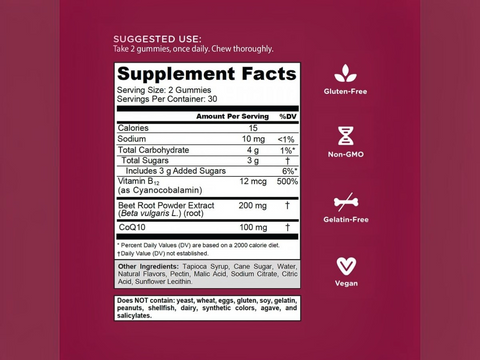 Supplement facts label on a red background with various icons indicating properties of the supplement.