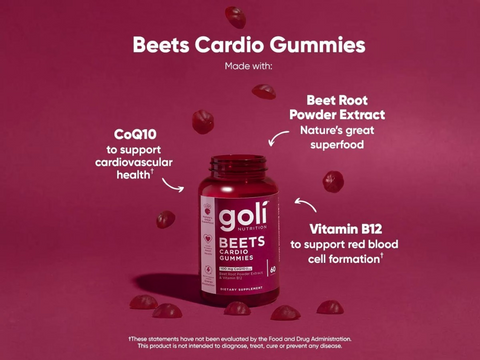 Goli Beets Cardio Gummies bottle with ingredients listed on a red background
