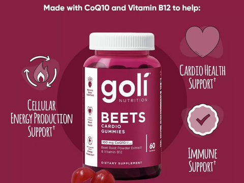 Goli Nutrition Beets Cardio Gummies bottle on a red background with health benefits text.