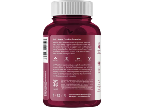 Bottle of Goli Beets Cardio Gummies with label on a white background