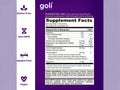 Goli supplement package with ingredient list and nutritional information on a purple background