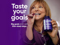 Woman holding a bottle of goli sleep supplement with text 'Taste your goals' on a purple background.