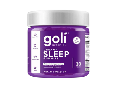 Purple container of Goli Dreamy Sleep Gummies on a white background