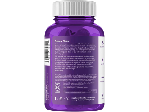 Purple supplement bottle with white label on a white background
