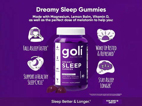 Goli Dreamy Sleep Gummies packaging on a purple background with text highlighting benefits.
