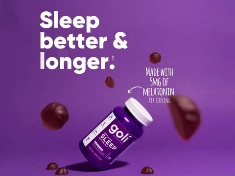 Goli Sleep supplement bottle with chocolate chips on a purple background, promoting better sleep.