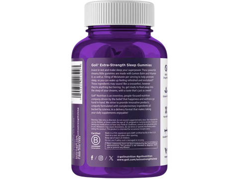 Purple bottle of Goli Extra-Strength Sleep Gummies with label on a white background