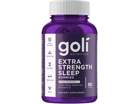 Purple bottle of goli Nutrition Extra Strength Sleep Gummies on a white background